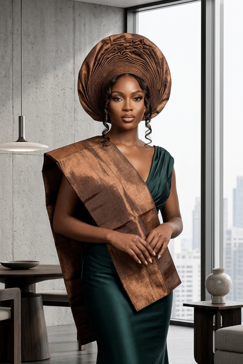 Brown Auto Gele & Matching Shoulder Sash