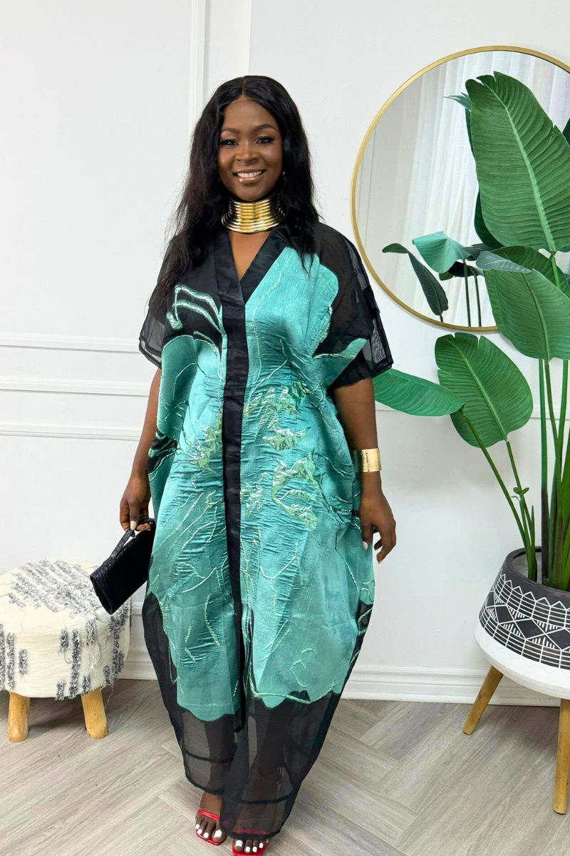 Luxury Organza Jacquard Boubou - Turquoise