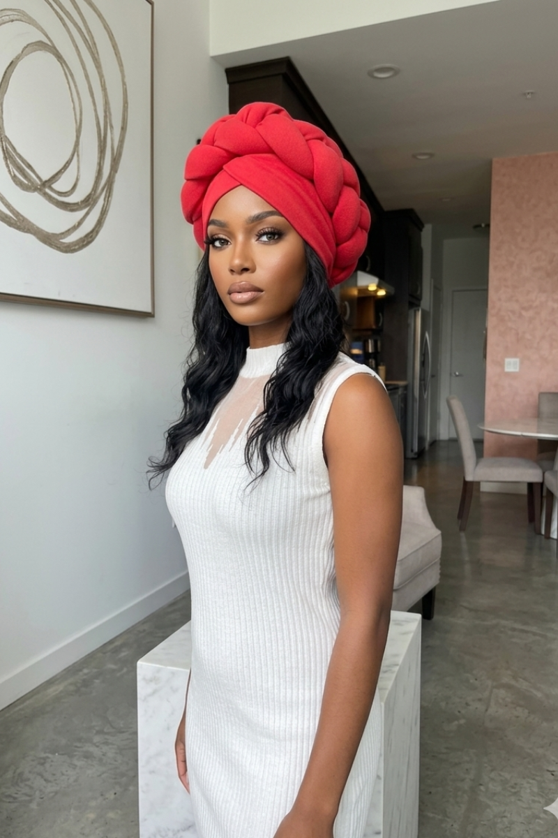 Red Turban with braids
