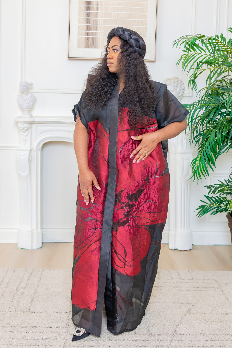 Luxury Organza Jacquard Boubou - Wine