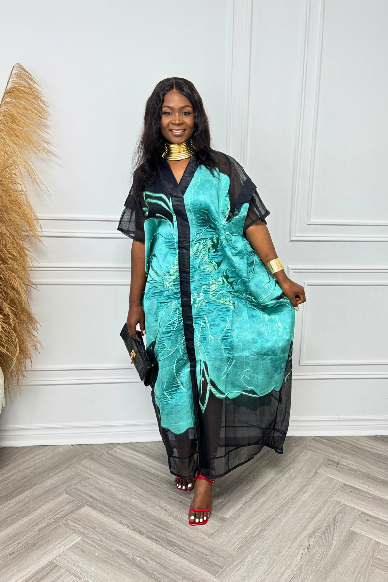 Luxury Organza Jacquard Boubou - Turquoise